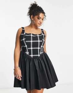 Черное атласное мини-платье с корсетом и квадратным вырезом ASOS LUXE Curve