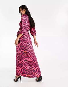 Атласное платье макси с запахом Vila насыщенного красного цвета с зебровым принтом