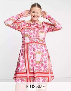 Розовое приталенное платье In The Style x Liberty с воротником-халтер и пышными рукавами