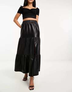 Черная многоярусная юбка макси из искусственной кожи Miss Selfridge