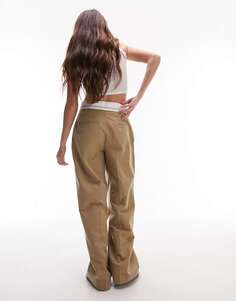 Плиссированные прямые брюки Topshop светло-коричневого цвета с отложным поясом