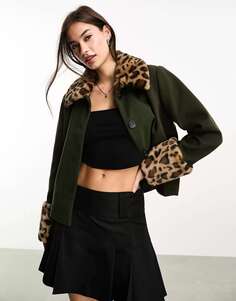 Куртка на заказ со съемным леопардовым искусственным мехом цвета хаки ONLY