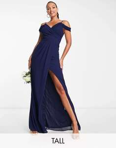 Темно-синее платье с драпировкой и запахом на плечах TFNC Bridesmaid
