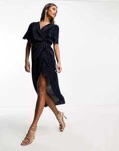 Темно-синее плиссированное платье миди с короткими рукавами и запахом AX Paris