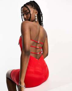 Красное атласное мини-платье-бандо с открытой спиной NaaNaa