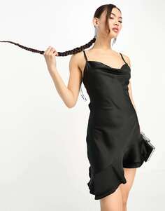 Черное атласное мини-платье трапециевидного силуэта NaaNaa