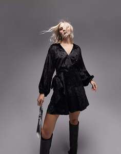 Черное бархатное мини-платье с завязками Topshop