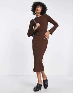 Трикотажное платье миди Envii с рукавами-колокольчиками и открытой спиной шоколадно-коричневого цвета