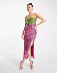 Эксклюзивное платье миди цвета лайм и ярко-розовое с пайетками Collective the Label