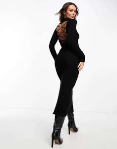 Черное трикотажное платье макси со шнуровкой на спине Stradivarius