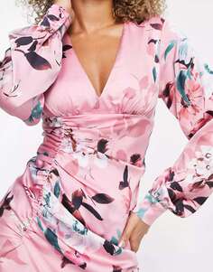 Ликерное атласное платье миди с запахом и глубоким подолом темно-розового цвета с цветочным принтом Liquorish