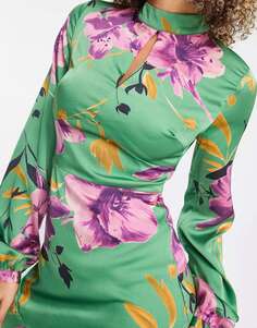 Ликерное атласное платье макси с воротником в масштабном зеленом и фиолетовом цветах Liquorish