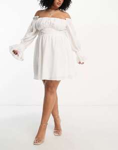 Белое корсетное мини-платье с открытыми плечами и рукавами-блузонами ASOS LUXE Curve