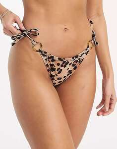 Коричневые плавки бикини с леопардовым принтом и завязками по бокам New Look