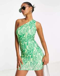 Двухслойное облегающее мини-платье на одно плечо Public Desire зеленого цвета с завитками