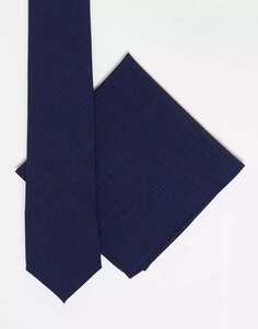 Узкий галстук и нагрудный платок Noak синего цвета с узором &quot;гусиные лапки&quot;