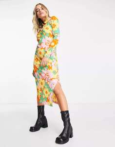 Платье-рубашка миди с разрезом по бокам, цветочный узор 70-х годов ONLY