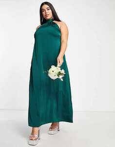 Темно-зеленое атласное платье макси Vila Bridesmaid с воротником-халтером