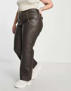 Шоколадно-коричневые широкие брюки из искусственной кожи с цепочкой Only Curve