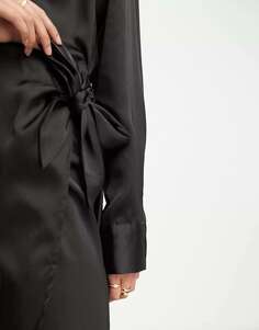 Черное атласное мини-платье с запахом и завязками по бокам Pieces