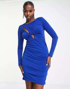 Облегающее мини-платье с длинными рукавами и вырезом Trendyol синего кобальта