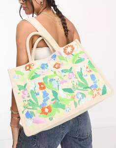 Летняя холщовая сумка-тоут кремового цвета с цветочной вышивкой Accessorize