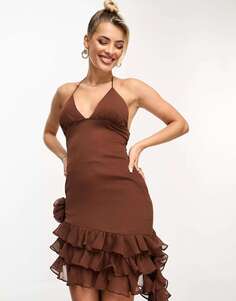 Шоколадное асимметричное мини-платье ASYOU с глубоким вырезом и цветочным узором