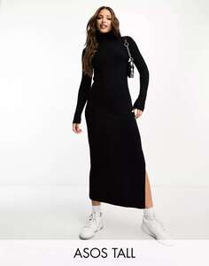 Черное трикотажное платье макси с высоким воротником и разрезом по бокам ASOS DESIGN Tall
