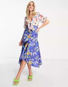 Чайное платье миди Hope &amp; Ivy с завязкой спереди и контрастным цветочным принтом