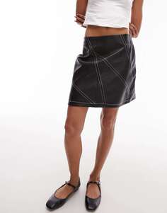 Черная мини-юбка Topshop под кожу с диагональным швом и яркой строчкой