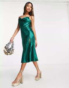 Атласное платье миди с воротником-хомутом Little Mistress изумрудно-зеленого цвета
