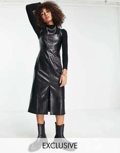Черное кожаное платье миди с карманами в винтажном стиле Reclaimed Vintage