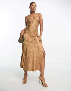 Золотое атласное жаккардовое платье макси с кружевной спинкой Miss Selfridge