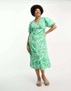 Зеленое платье миди с v-образным вырезом Influence с абстрактным принтом