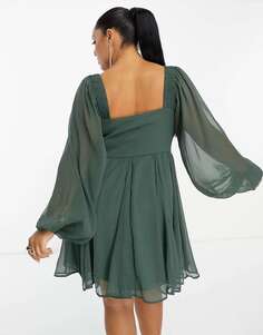Лесно-зеленое мини-платье ASOS DESIGN Curve с корсетным кружевом и рукавами-блузонами
