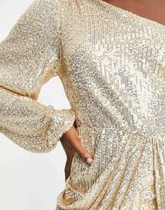 Золотистое мини-платье на одно плечо с драпировкой и пайетками Style Cheat