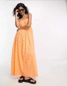 Платье макси на бретелях Selected Femme Broderie персиково-оранжевого цвета