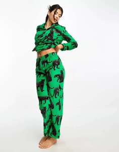 Эксклюзивный велюровый пижамный комплект из топа и брюк с принтом пантеры яблочно-зеленого цвета Chelsea Peers
