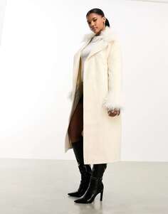 Белое формальное длинное пальто с завязкой на талии и отделкой из искусственного меха Threadbare Blair