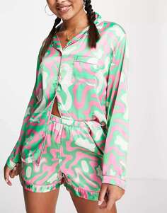 Пижамный комплект с короткими пуговицами и зелено-розовым водоворотным принтом Loungeable