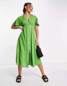 Платье миди на пуговицах с v-образным вырезом Mango нежно-зеленого цвета