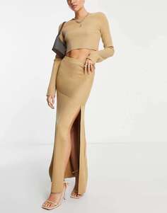 Вязаная юбка мидакси с разрезом до бедра Pretty Lavish светло-коричневого цвета
