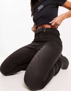 DTT Широкие джинсы с завышенной талией и поясом DTT Phoebe Черные стираные джинсы Don&apos;t Think Twice