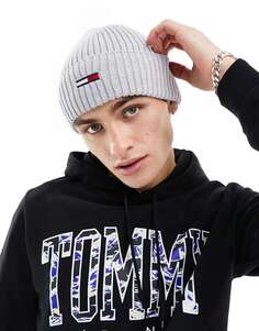 Светло-серая шапка-бини в рубчик с логотипом Tommy Jeans
