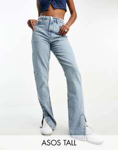 Синие прямые джинсы средней степени стирки в стиле 90-х с разрезом по низу ASOS Tall