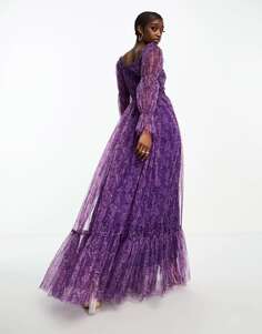 Платье макси из органзы с кружевом и бусинами и пышными рукавами с фиолетовым цветочным принтом Lace &amp; Beads