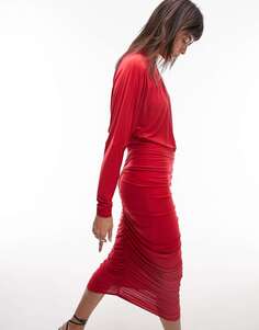 Красное платье миди с драпировкой спереди Topshop