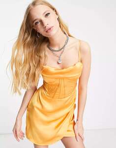 Нежно-оранжевое атласное мини-платье Bershka с корсетом