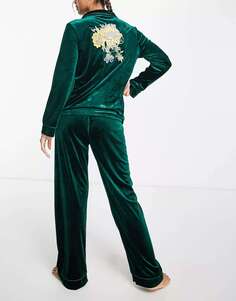 Длинная бархатная пижама темно-зеленого цвета с вышивкой на спине NIGHT