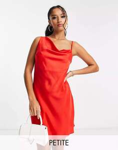 Красное атласное мини-платье мини со сборками и асимметричными плечами Lola May Petite